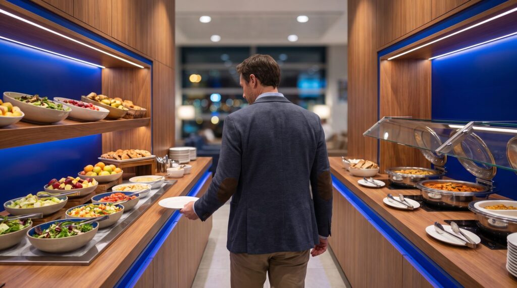 Traveler at a self-serve buffet counter with blue accent lighting inside an airport lounge kitchen