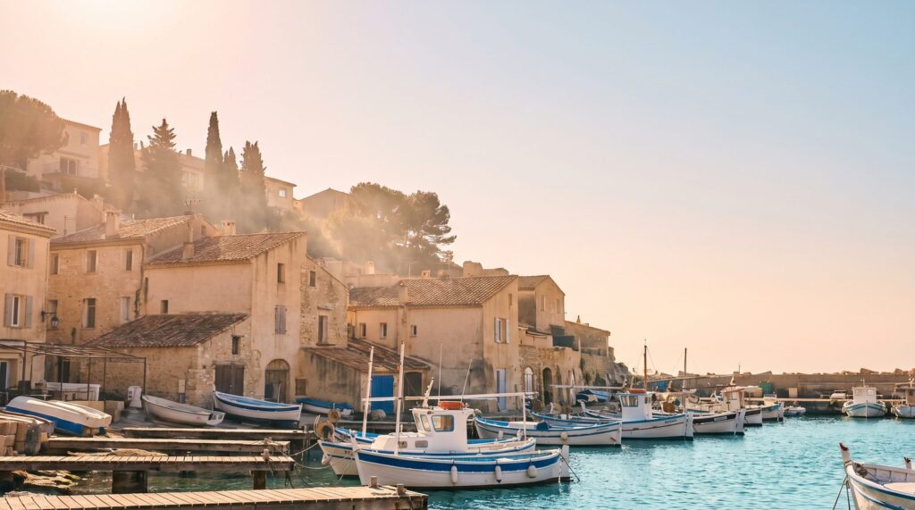 Boats moored along a southern French Mediterranean harbour in late afternoon light