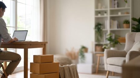 Person shopping online at a home desk, representing the Rakuten American Express Card welcome bonus