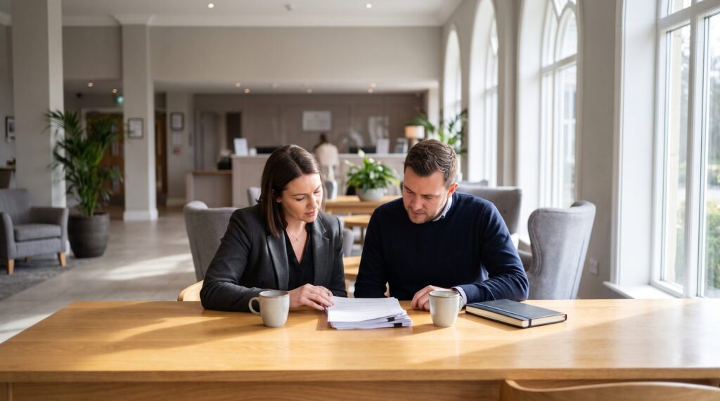Two colleagues reviewing paperwork at a table in a bright hotel lobby workspace