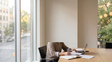 Small business owner reviewing paperwork and a laptop at a bright office desk