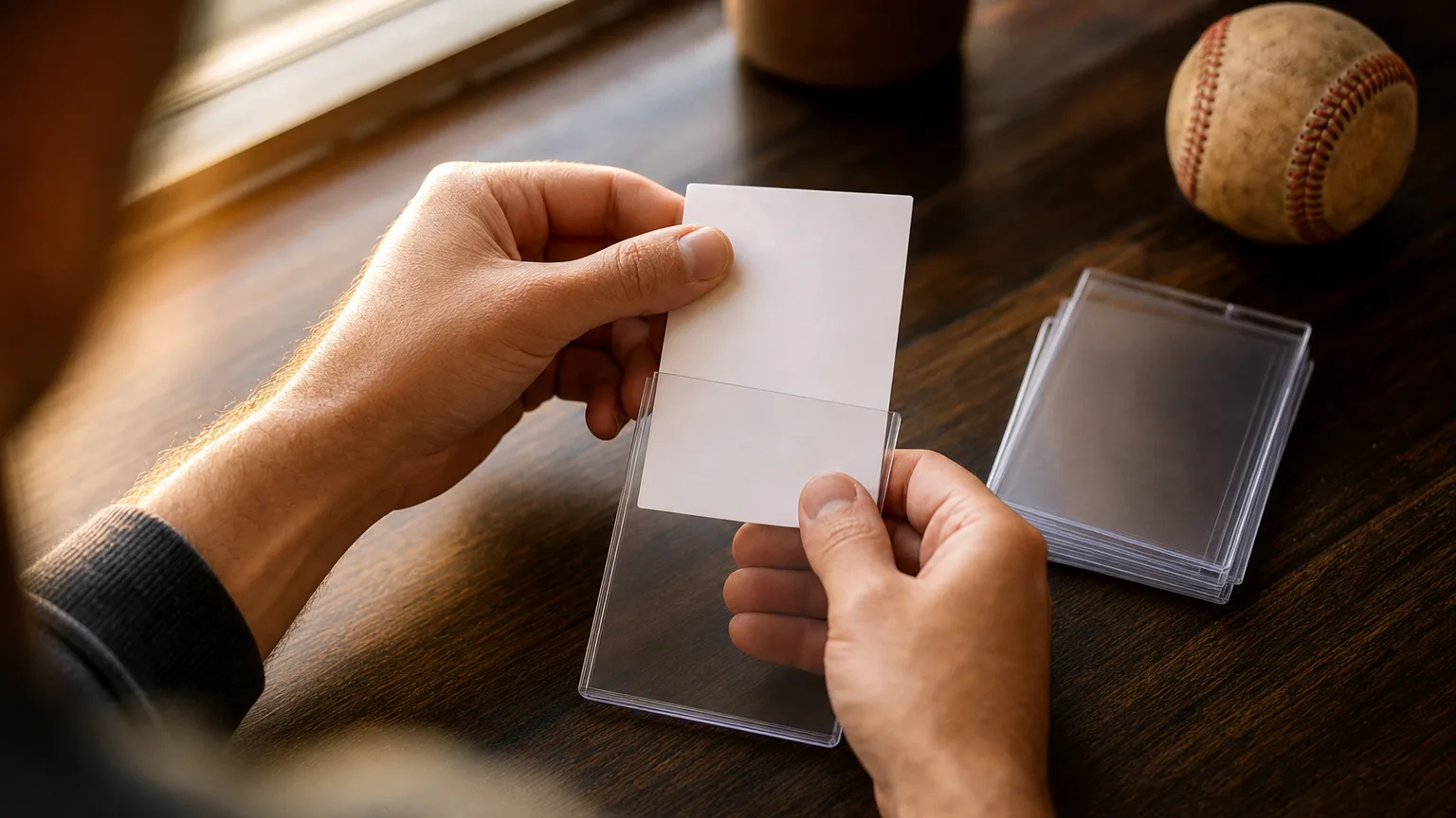 Hands sliding a blank trading card into a clear protective sleeve on a walnut desk beside a baseball