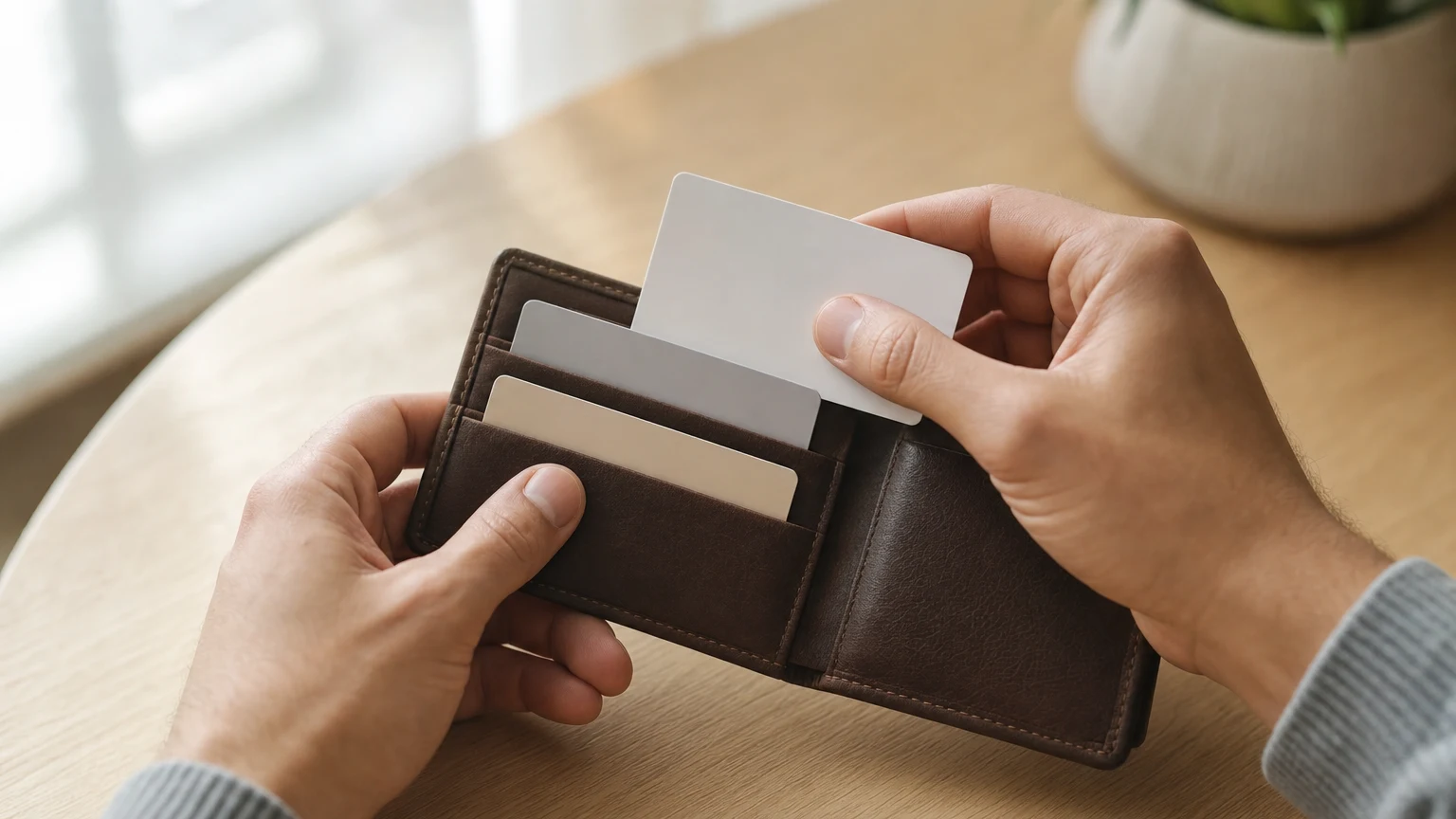 Hands holding an open leather wallet with three blank unmarked payment cards on a wooden table