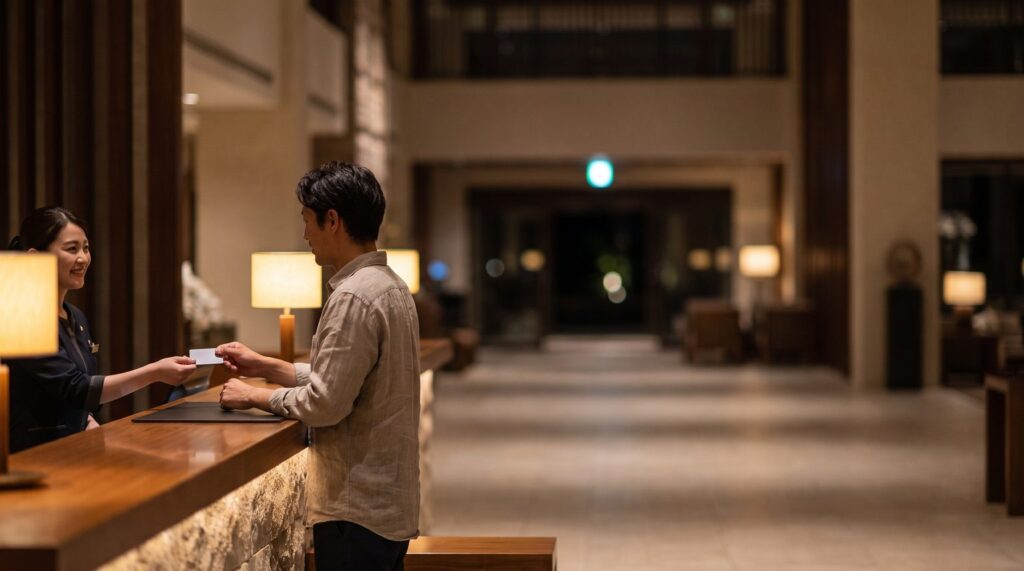 Hotel guest receiving a room key card at a resort casino reception desk