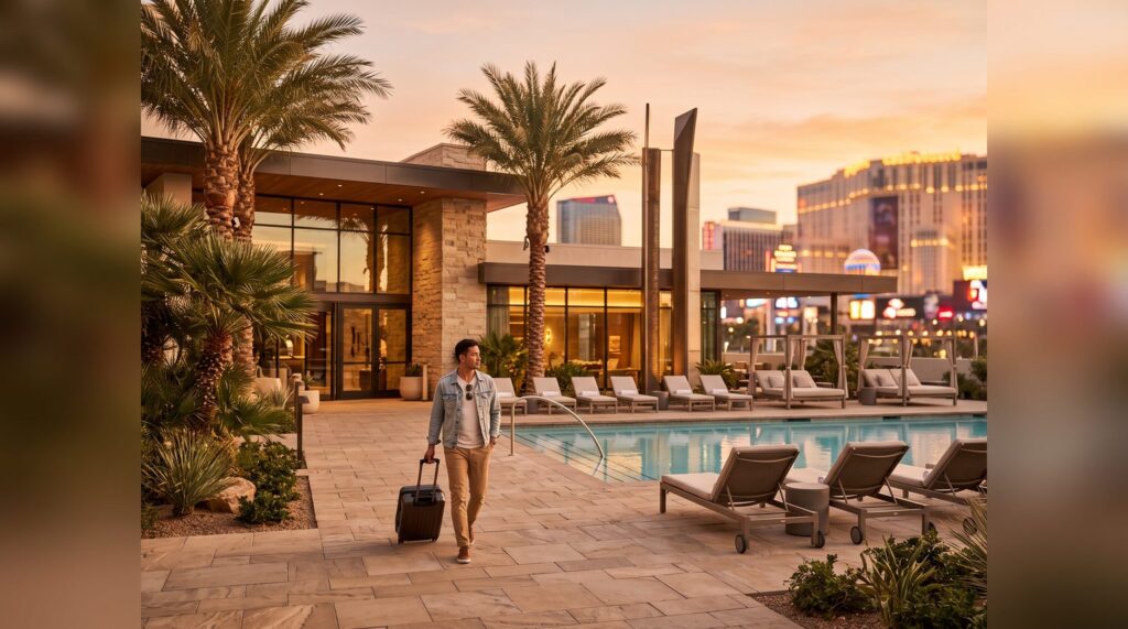 Traveler walking toward a desert resort hotel pool deck at golden hour