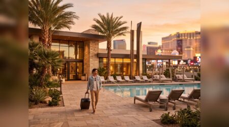 Traveler walking toward a desert resort hotel pool deck at golden hour